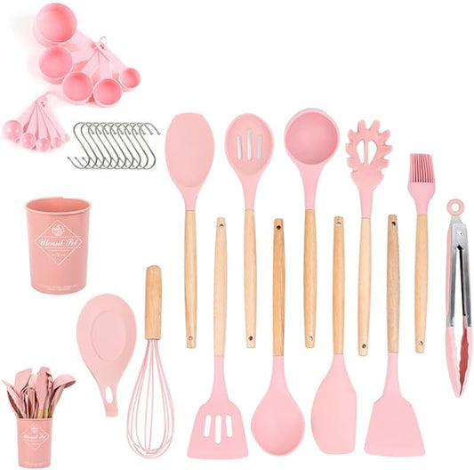 7-Piece Silicone Kitchen Utensil Set with Wood Handles