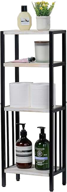 4-Tier White Washed Wood and Black Metal Bathroom Shelf