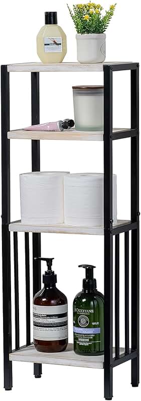 4-Tier White Washed Wood and Black Metal Bathroom Shelf