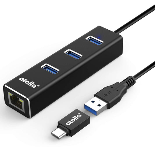 USB 3.0 Hub Ethernet with USB C Adapter, 3 Ports
