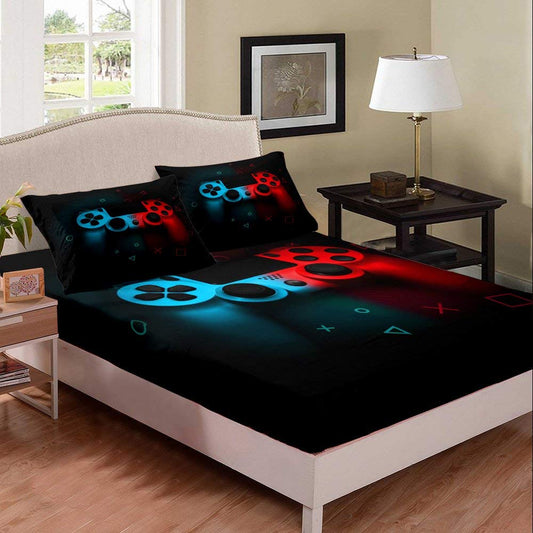 Teens Gaming Sheet Set Gamepad Gift for Boys Bedding Kids Girls Young Man Video Games Fitted Sheet Chic Pixel Abstract Bed Cover with 2 Pillowshams Black Red Blue Decor 3 Piece Soft,Full Size