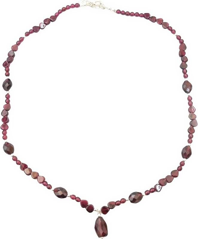 Dark Pink Garnet Necklace with Silver Beads for Healing