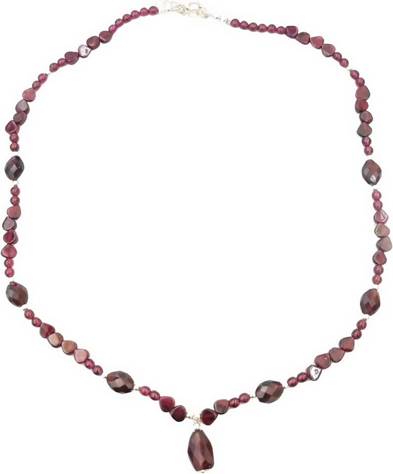 Dark Pink Garnet Necklace with Silver Beads for Healing