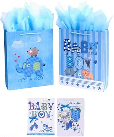 Medium Blue Baby Gift Bags and Handmade Greeting Cards