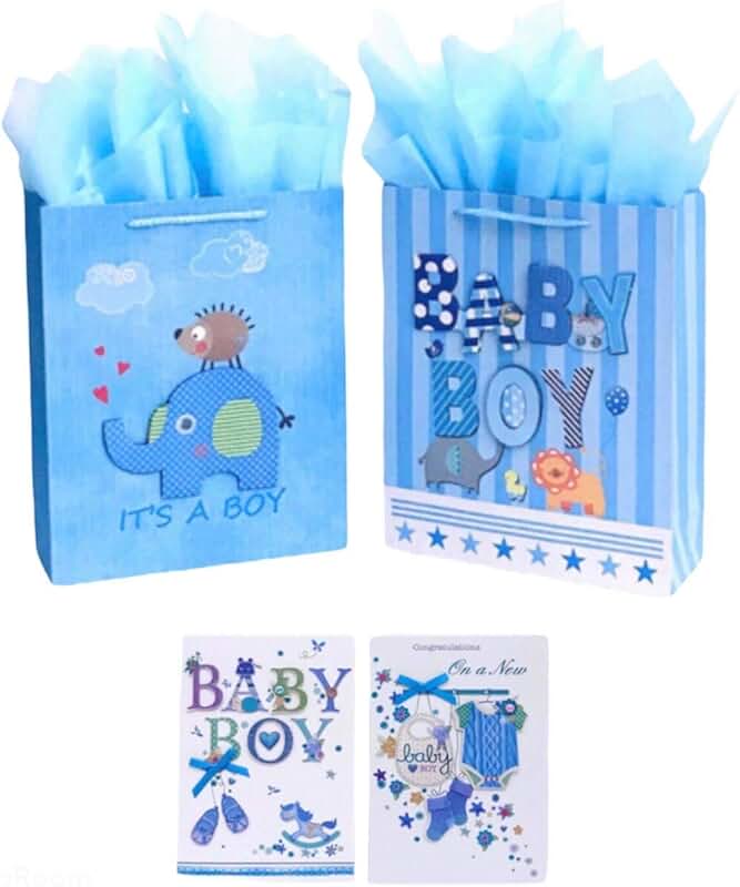 Medium Blue Baby Gift Bags and Handmade Greeting Cards