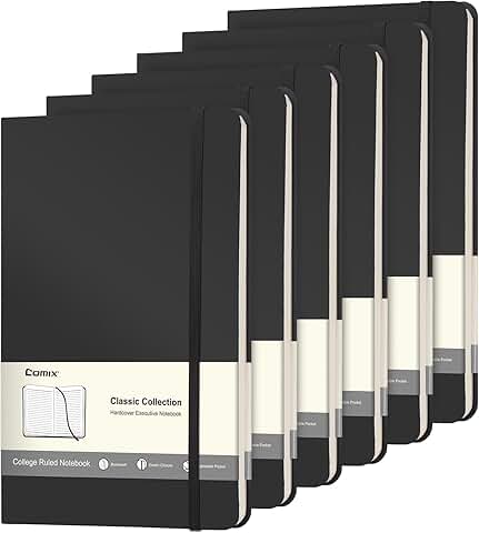 Set of six black hardcover lined notebooks, 240 pages each