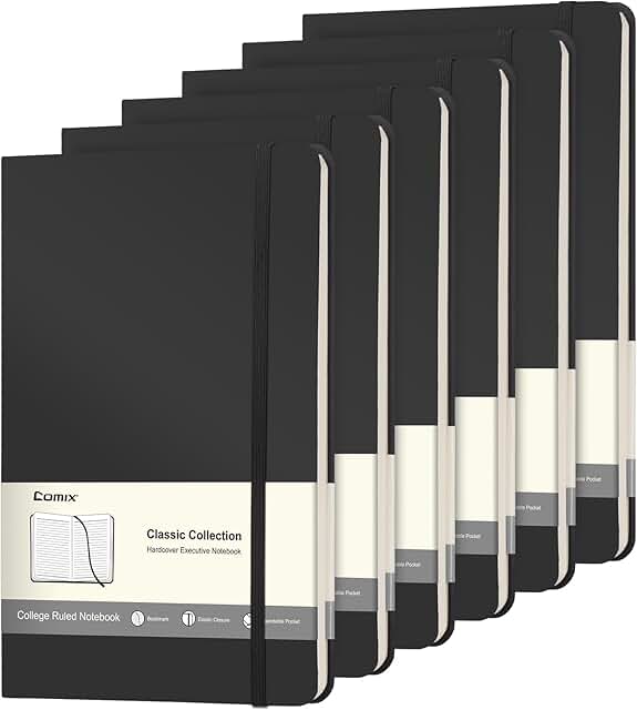Set of six black hardcover lined notebooks, 240 pages each