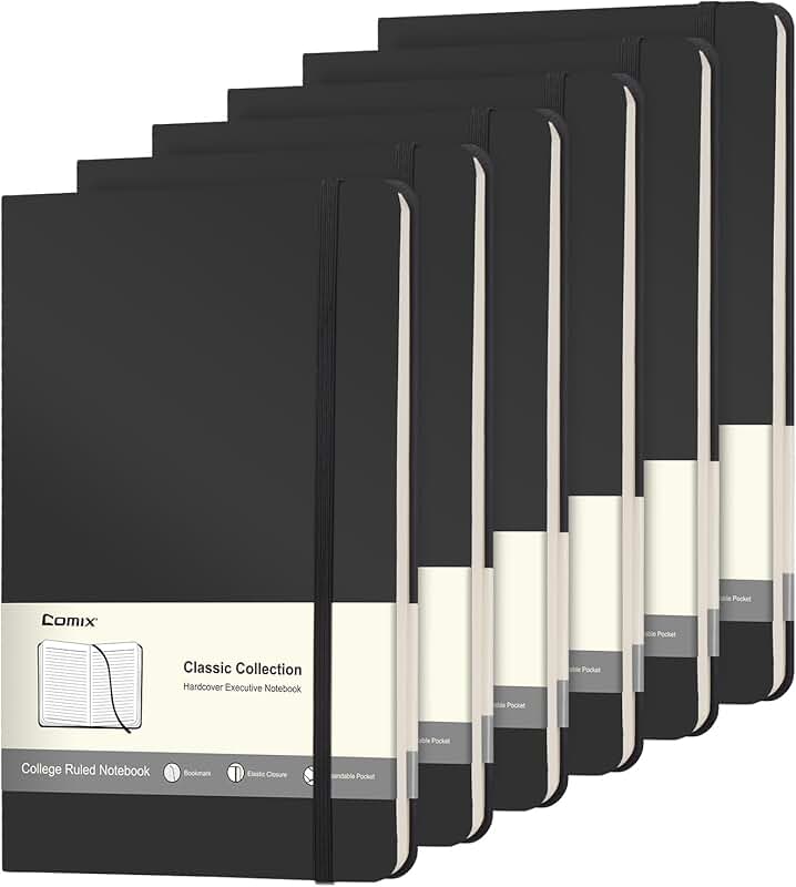 Set of six black hardcover lined notebooks, 240 pages each