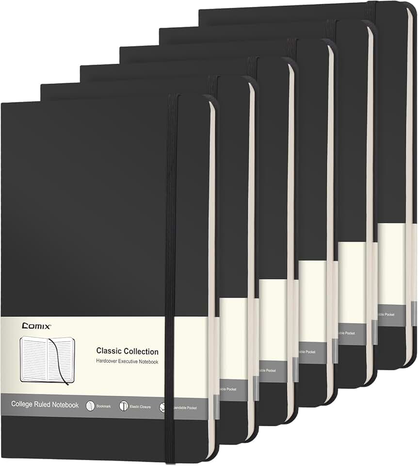 Set of six black hardcover lined notebooks, 240 pages each