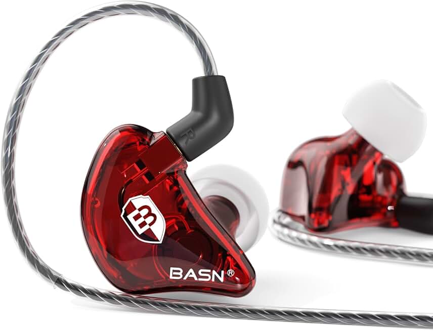 Red in-ear monitors with dual drivers and detachable cables
