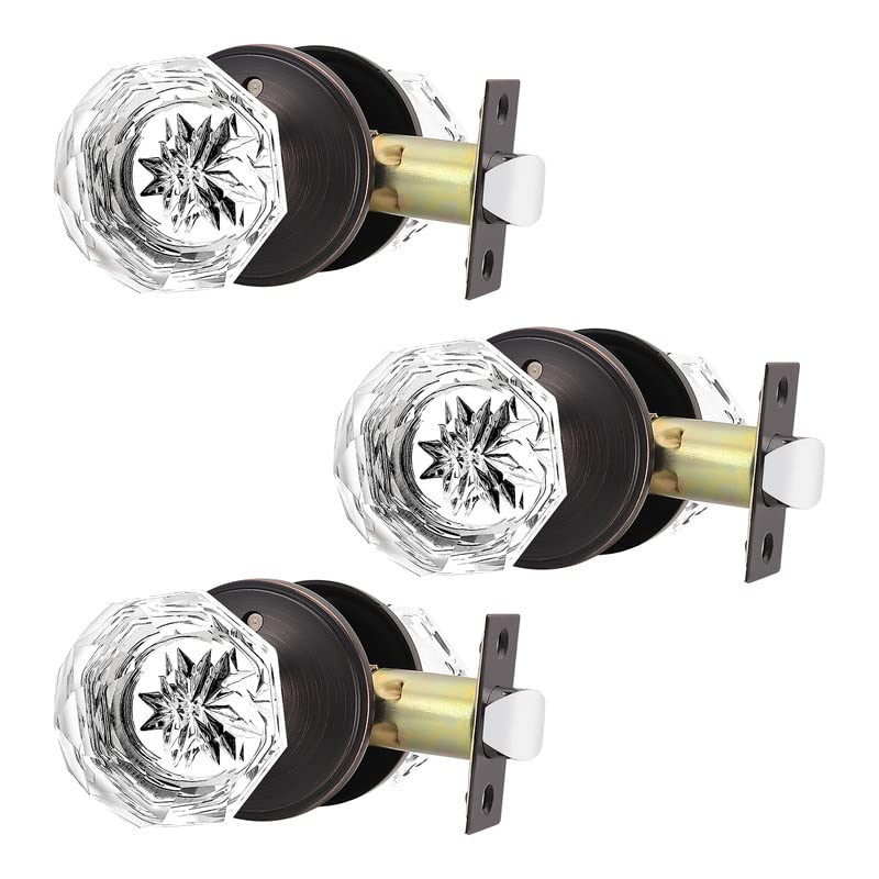 3 Pack Gl Door Knobs with Rubbed Bronze Rosette, Bath/Bed Door Knobs for Privacy Use, Keyless In or Door Handles with Diamond Shape Crystal Gl and Zinc Alloy Base