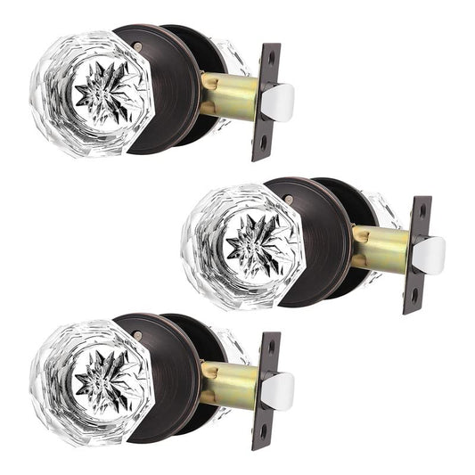 3 Pack Gl Door Knobs with Rubbed Bronze Rosette, Bath/Bed Door Knobs for Privacy Use, Keyless In or Door Handles with Diamond Shape Crystal Gl and Zinc Alloy Base