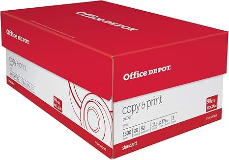 Ledger size copy and print paper, 92 brightness, 20 lb, 1500 sheets