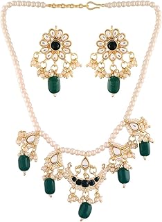 Gold Plated Green Beaded Pearl Necklace Set for Women