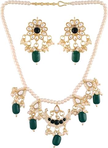 Gold Plated Green Beaded Pearl Necklace Set for Women