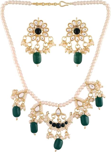 Gold Plated Green Beaded Pearl Necklace Set for Women