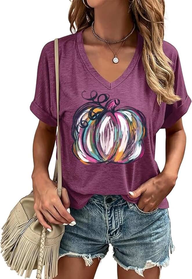 Fall V-Neck T-Shirt with Funny Halloween and Thanksgiving Graphics