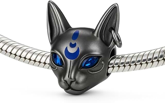 Sterling Silver Egyptian Bastet Cat Charm with Blue CZ Eyes