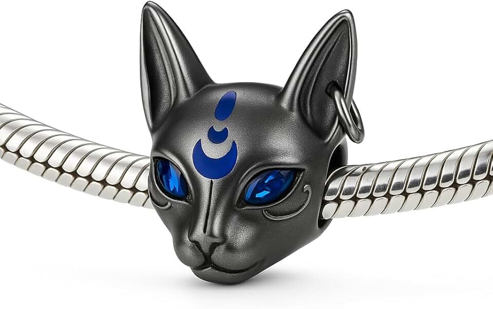 Sterling Silver Egyptian Bastet Cat Charm with Blue CZ Eyes