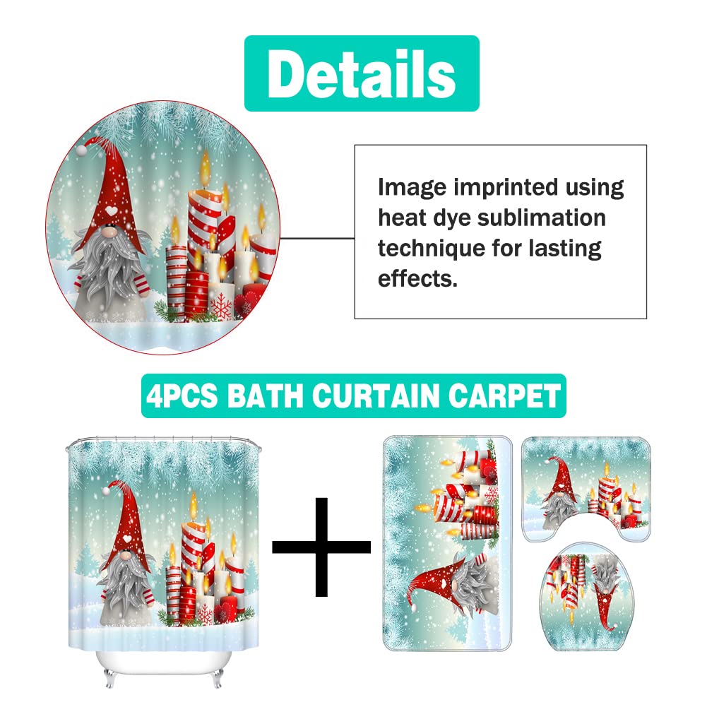 4Pcs Shower Curtain Sets with Non- Rug, Tet Lid Cover and Bath Mat, Cute Gnome Snowman Candle Winter Snowflake Shower Curtain with 12 Hooks for Bathroom Decoration