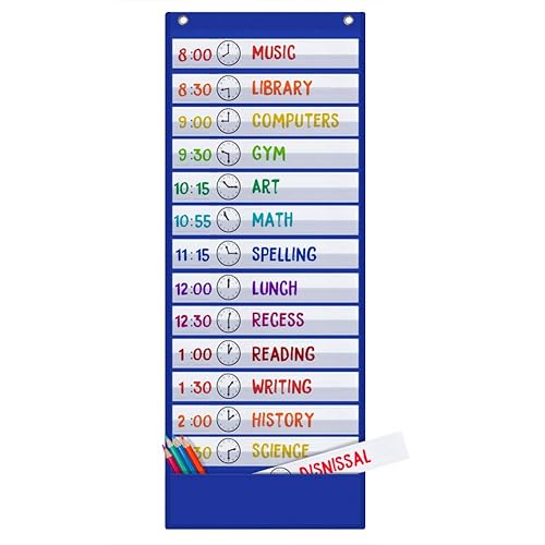 Classroom Daily Schedule Pocket Chart with 18 Dry-Erase Cards