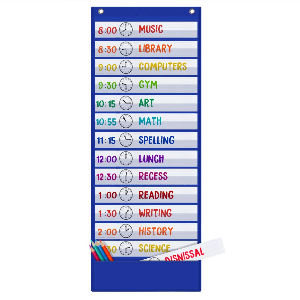 Classroom Daily Schedule Pocket Chart with 18 Dry-Erase Cards