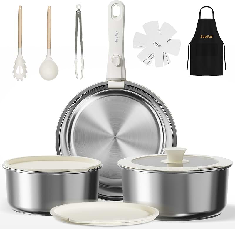 14-piece stainless steel cookware set with removable handles