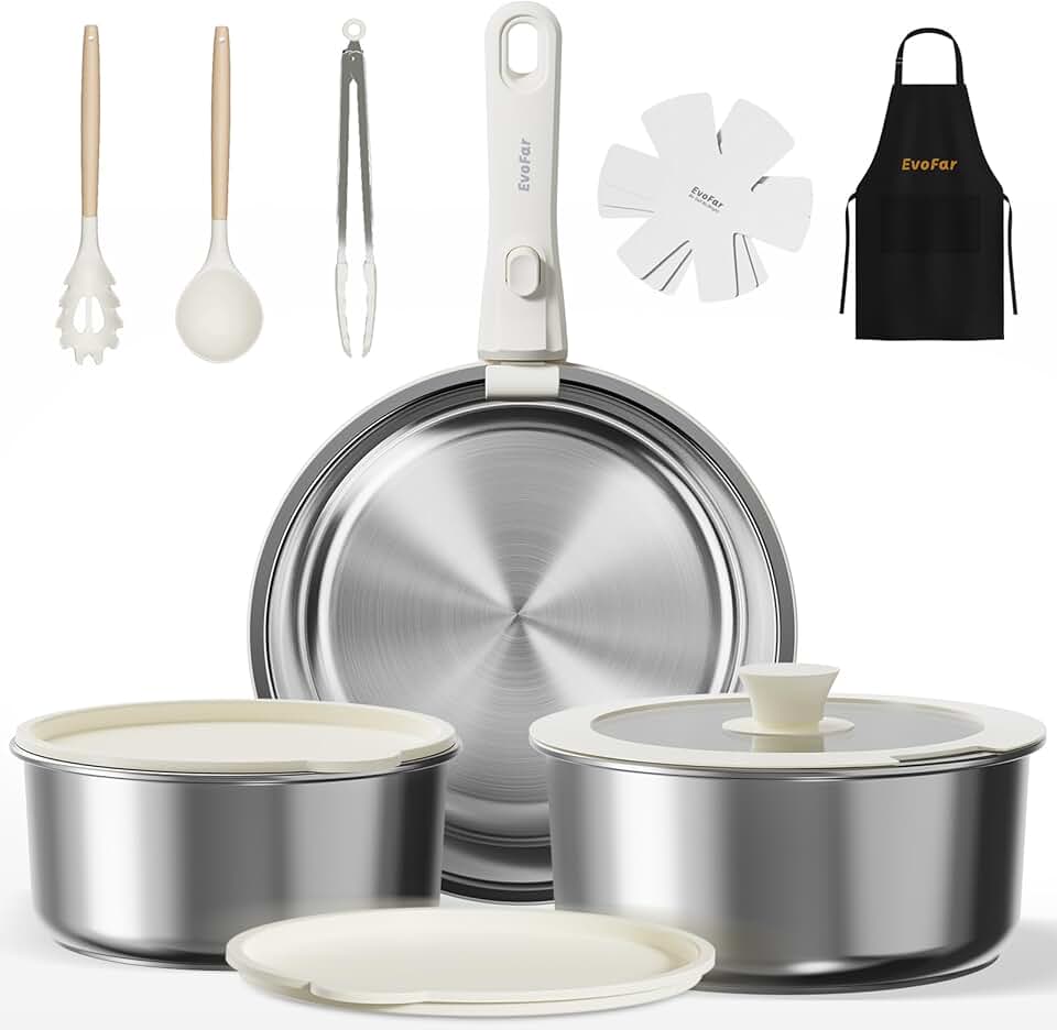 14-piece stainless steel cookware set with removable handles