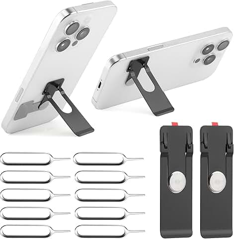 Set of two ultra-thin metal phone stands with SIM eject tools