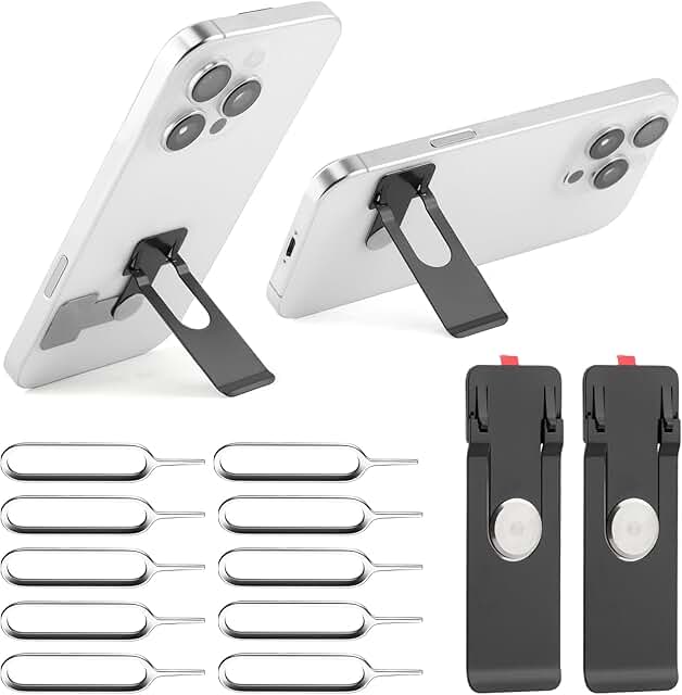 Set of two ultra-thin metal phone stands with SIM eject tools