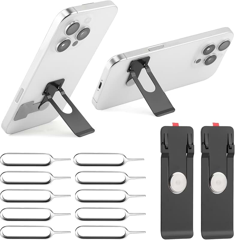 Set of two ultra-thin metal phone stands with SIM eject tools