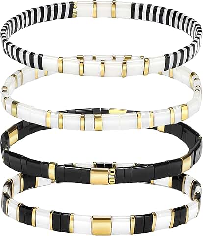 Set of four boho flat beaded stretch bracelets for women