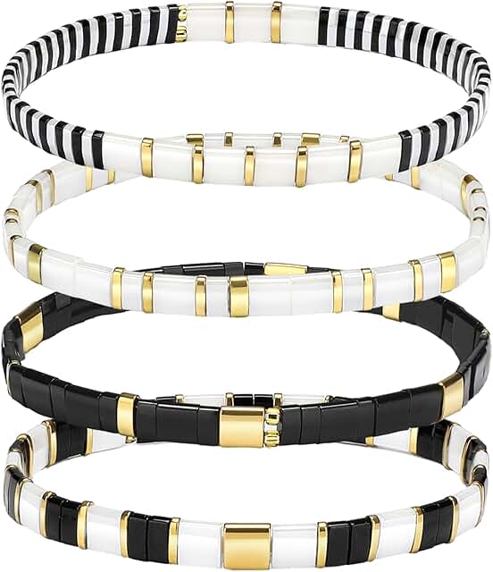 Set of four boho flat beaded stretch bracelets for women