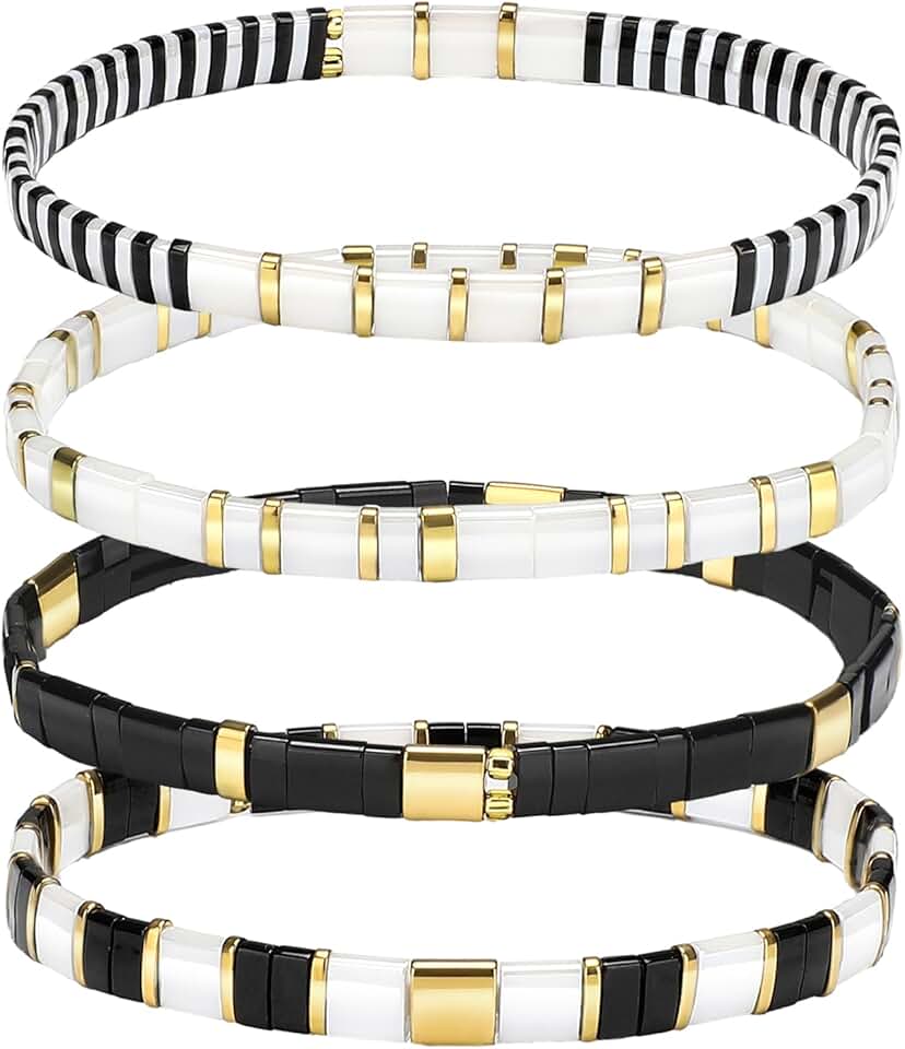 Set of four boho flat beaded stretch bracelets for women