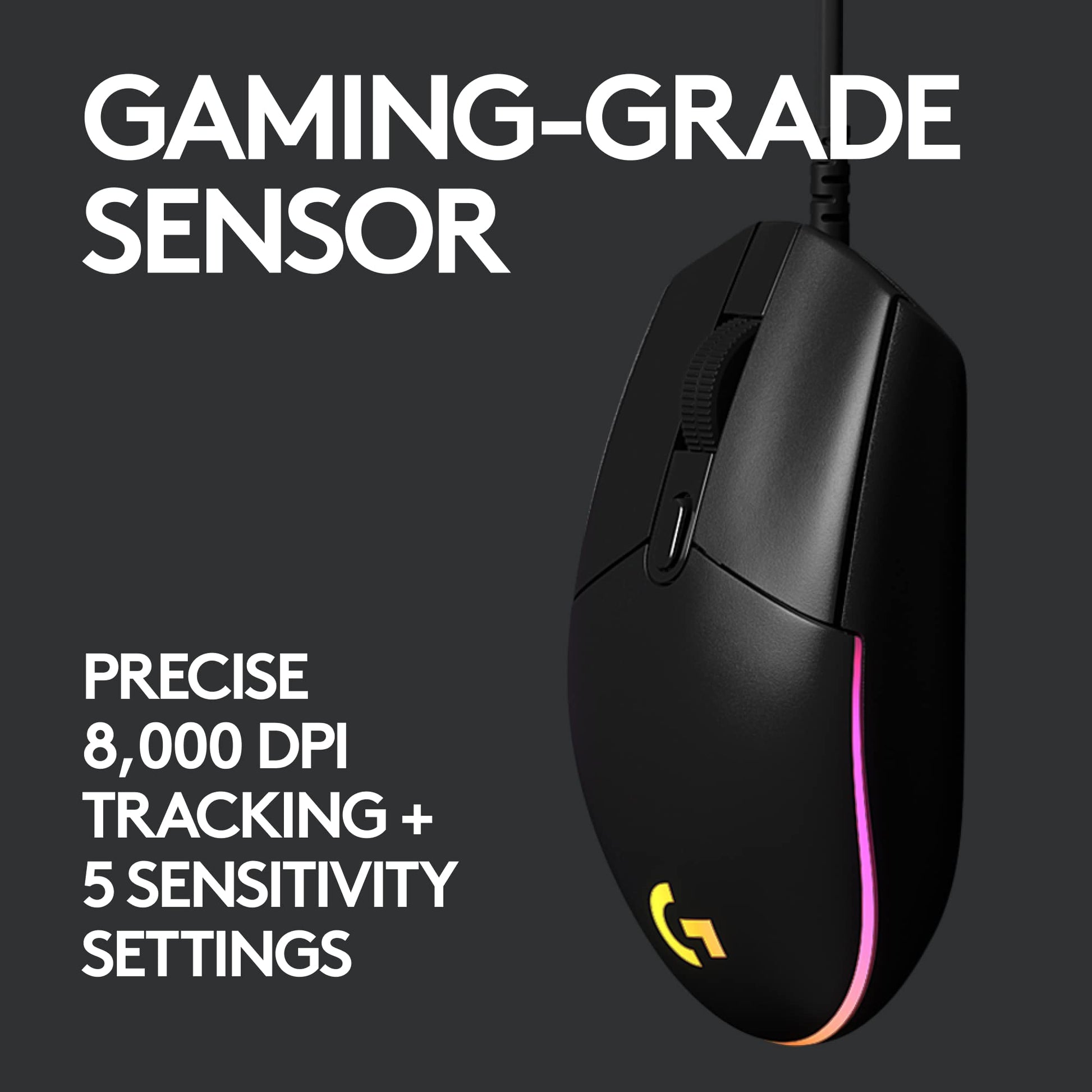 203 Wired Gaming Mouse, 8,000 DPI, Rainbow Optical Effect LIGHTSYNC RGB, 6 Programmable Buttons, On-Board Memory, Screen Mapping, PC/Mac Computer and Laptop Compatible - Black