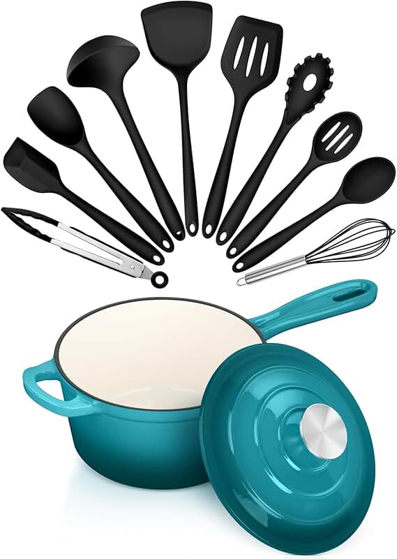 1 Quart Cast Iron Sauce Pan with Lid and Utensils Set