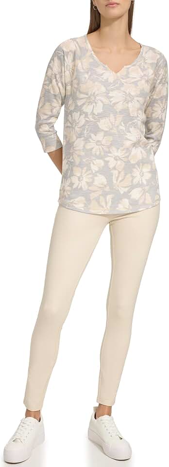 Women's 3/4 Sleeve Waffle Knit Split Neck T-Shirt