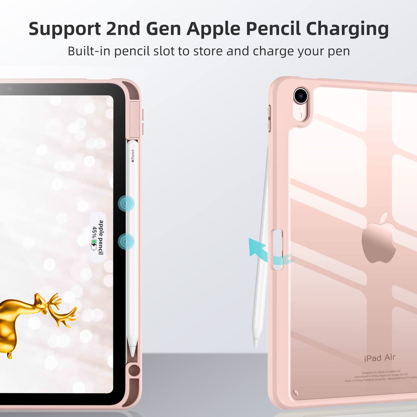 Case Compatible with iPad Air 5th Generation (2022) / iPad Air 4th Generation (2020) 10.9 Inch with Pencil Holder, for iPad Air 5/4 Case, Slim Smart Cover with Clear Back Shell, Rose Pink