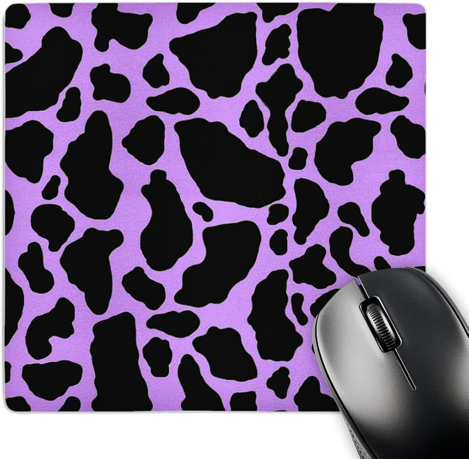 Purple and white cow print mouse pad, 8 x 8 inches