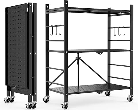 Foldable 3-Tier Metal Storage Shelves with Wheels