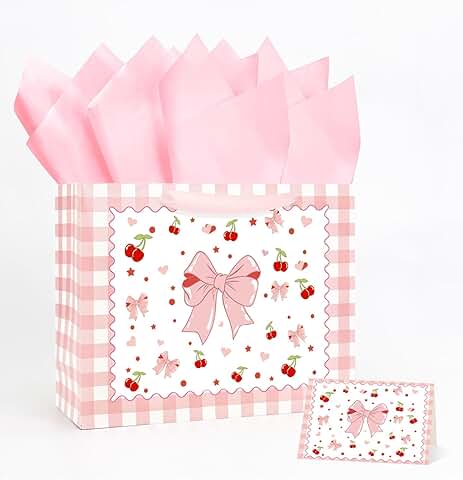 Pink 13-Inch Bow Gift Bag with Handle and Card