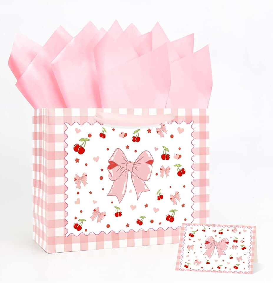 Pink 13-Inch Bow Gift Bag with Handle and Card