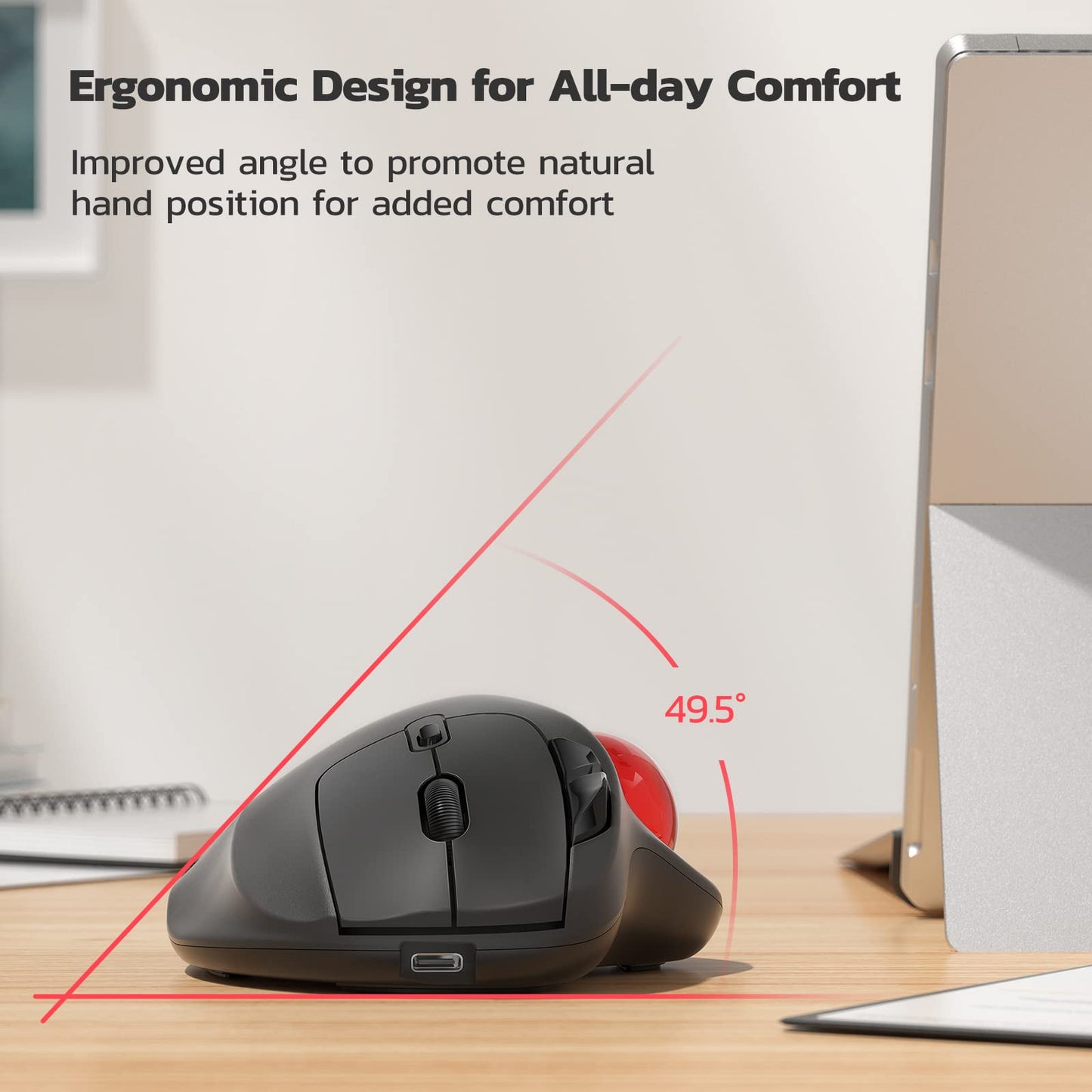 Wireless Trackball Mouse, Rechargeable Ergonomic Mouse, Easy Thumb Control, Precise & Smooth Tracking, 3 Device Connection (Bluetooth or USB), Compatible for PC, Laptop, iPad, Mac, Windows, Android