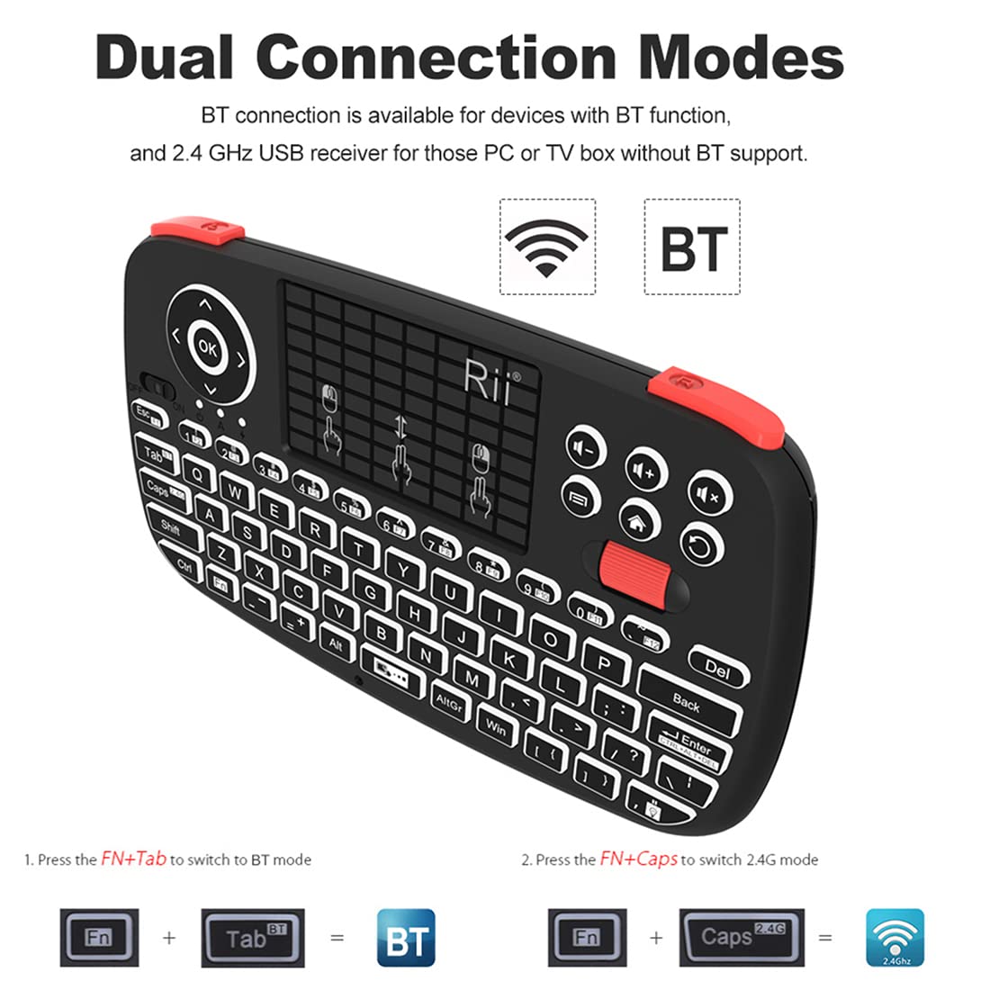 (Upgrade) i4 Mini Bluetooth Keyboard with Touchpad, Blacklit Portable Wireless Keyboard with 2.4G USB Dongle for Smartphones, PC, Tablet, Laptop TV Box iOS Android Windows Mac.Black