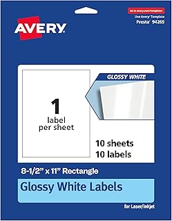 Glossy White Rectangle Labels, 8.5" x 11", 10 sheets