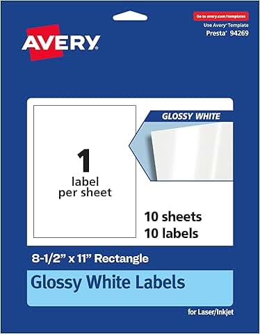 Glossy White Rectangle Labels, 8.5" x 11", 10 sheets
