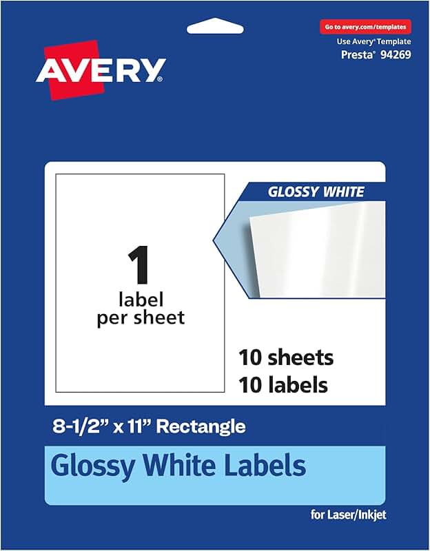 Glossy White Rectangle Labels, 8.5" x 11", 10 sheets