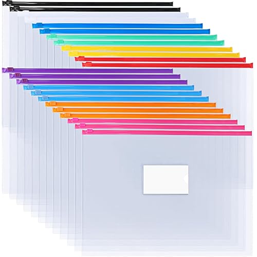 24 Pack of Colorful Plastic Zip Envelopes for Storage