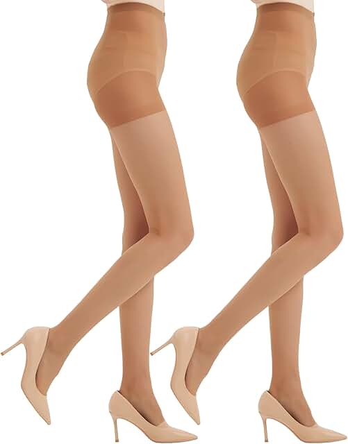 Two Pairs of Women's Black Tights with Control Top and Reinforced Toes