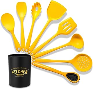Yellow 9-Piece Silicone Kitchen Utensil Set with Storage Bucket
